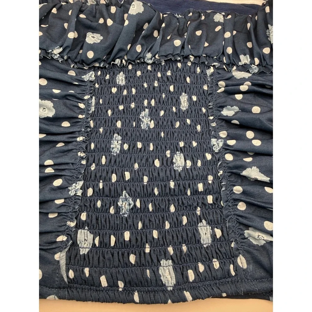 Free People Tube Top Navy Blue White Polka Dot Ruched Ruffle Fitted Large